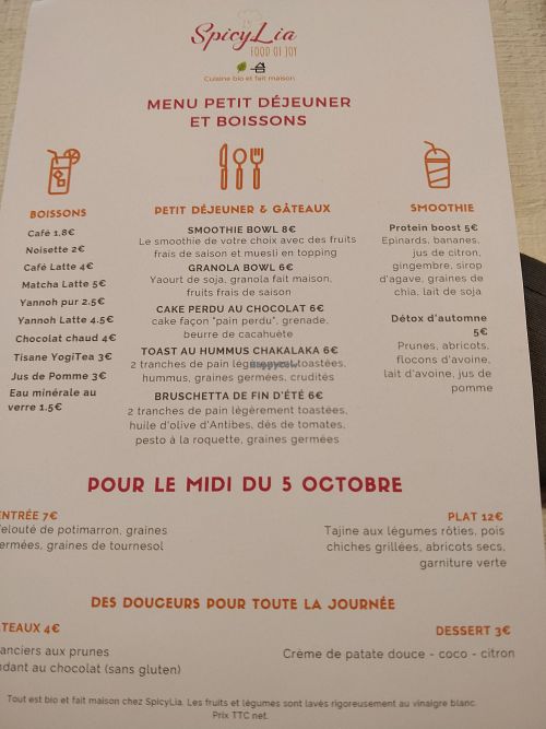 The menu for today at SpicyLia in Antibes