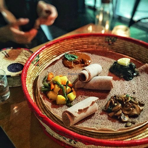 Delicious Ethiopian curries served on injera at Alem's house in Camperdown