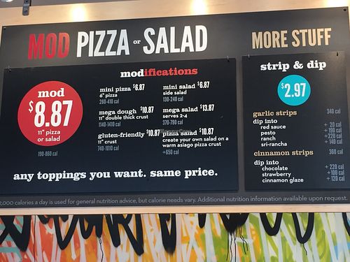 Pricing explained.  Big 11” pizza with all the works for $9! at Mod Pizza in Castro Valley