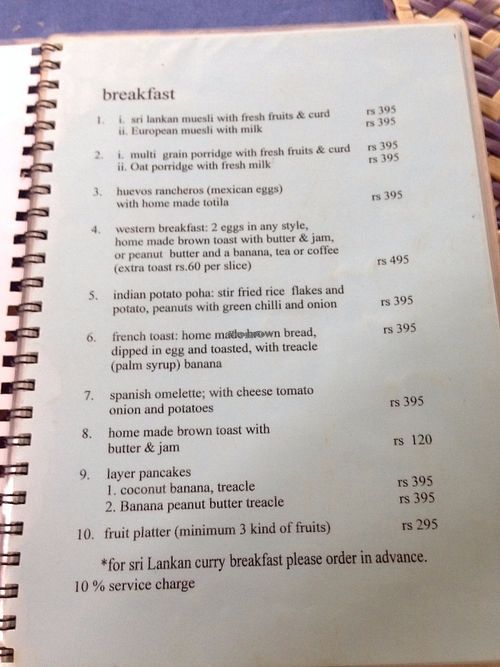 Jina's menu at Jina's in Unawatuna