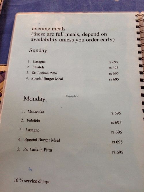 Jina's menu at Jina's in Unawatuna