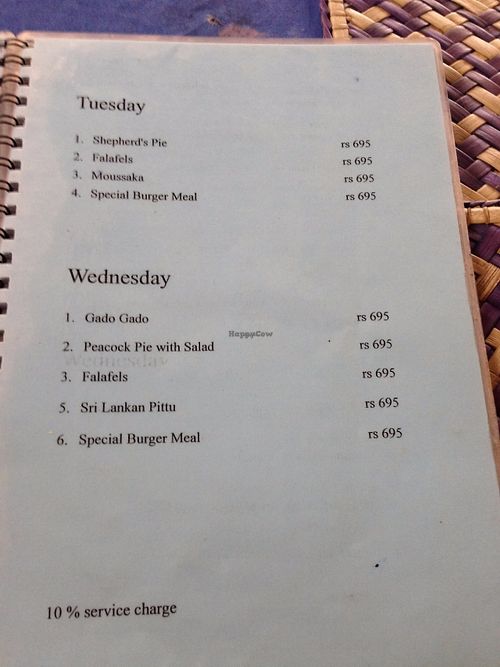 Jina's menu at Jina's in Unawatuna