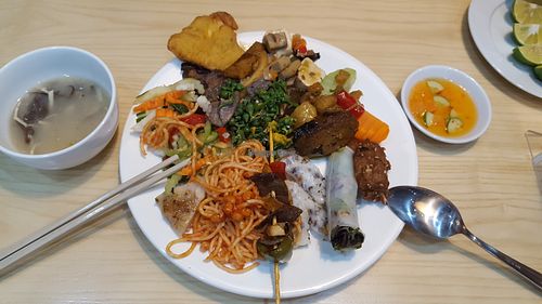 Buffet with mushroom soup, bolognese spaghetti, summer rolls, fried sake, salads, etc at Loving Hut - Hoa Sen in Hanoi