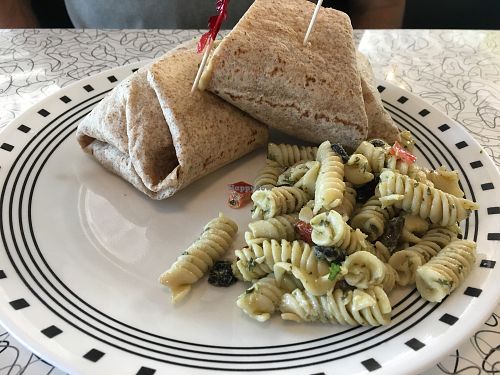 Sweet Luv n hummus. Sweet potato and hummus wrap. Pasta salad side.  at Spiral Diner & Bakery in Dallas
