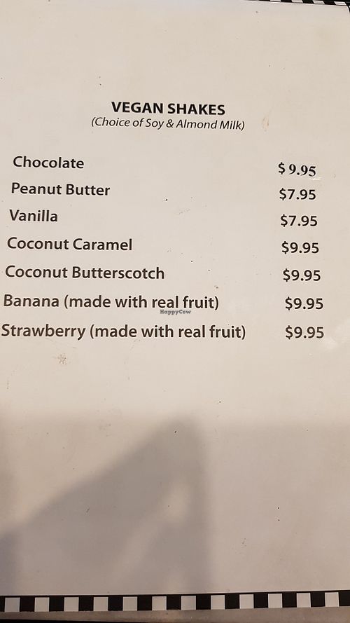 Vegan shake menu at Burgers N Shakes in Welland