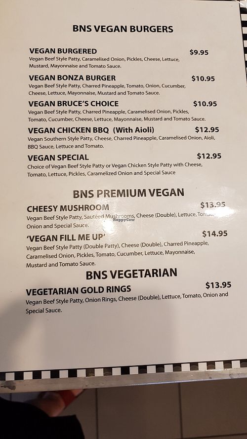 Vegan burger menu at Burgers N Shakes in Welland