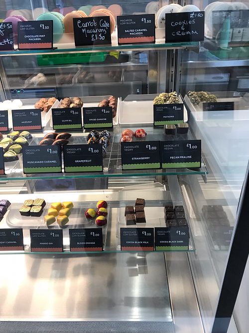 Clearly labelled vegan chocolate selection  at Cocoa Black in Peebles