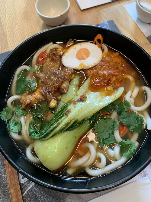 Spicy vegan chicken ramen with vegan egg   at Wagamama in Bury St Edmunds