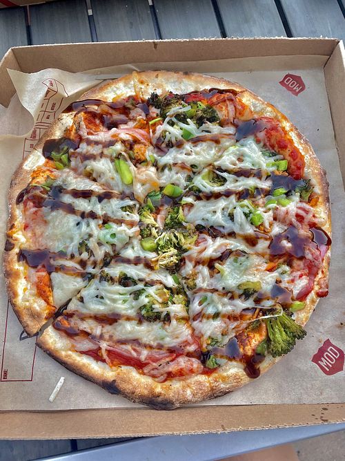 Pizza with vegan cheese, vegan meat, and lots of veggies at Mod Pizza - Waverly in Cary