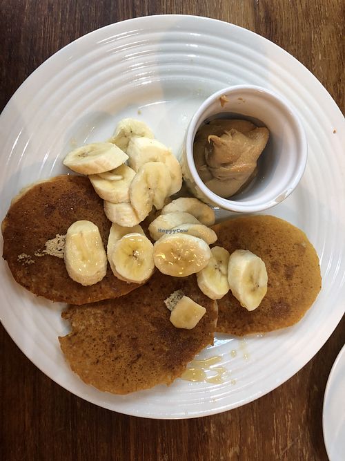 Vegan pancakes with banana, peanut butter and maple syrup (ordered ahead) at Garlands in Cardiff