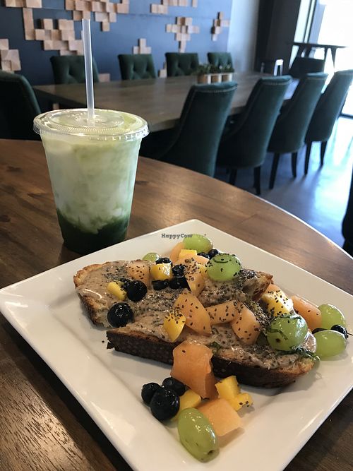 Toast with lavender matcha latte (w coconut milk) at Green Light Coffee - S Staples St in Corpus Christi