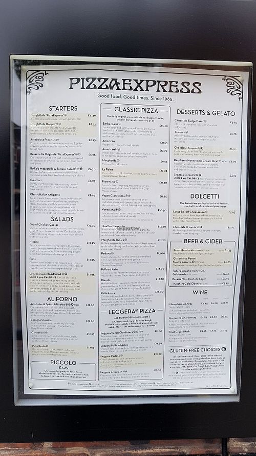 Menu at Pizza Express - Upper Richmond in South West London