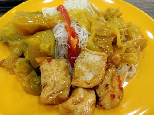 Bee hoon with curry vegetables, beancurd and pumpkin at Jia Jia Vegetarian Stall - Yuan Ching Rd in West Singapore