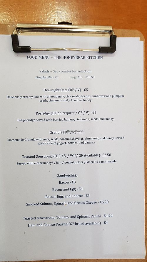 Menu at The Honeybear Kitchen in South West London