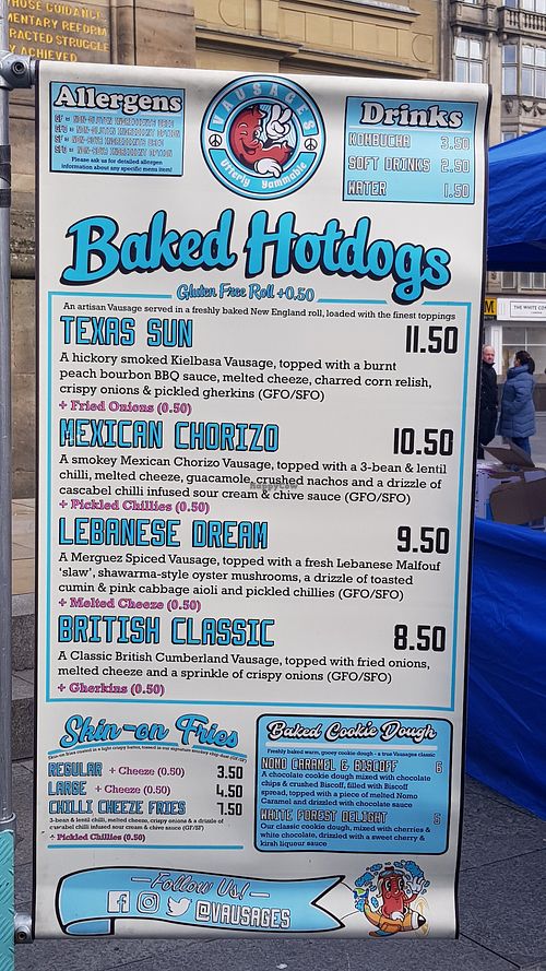 Menu at Vausages in Lichfield