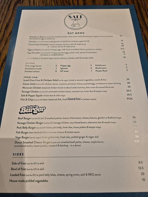 Day menu with 2 vegan options on request at Salt in Dunedin