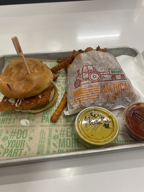 Vegan Buffalo Burger and Sweet Potato Fries 😛  at Next Level Burger - Potrero Hill in San Francisco