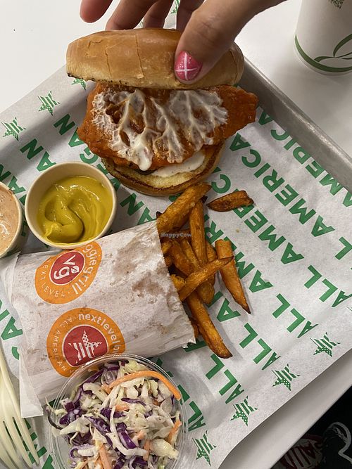 Coleslaw on Side Help Cool Down the Spice - It Was So Delicious! My FAVE Buffalo Chick’n’ 😛  at Next Level Burger - Potrero Hill in San Francisco