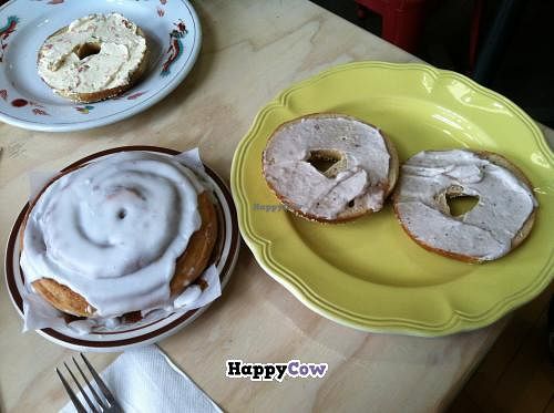 Bagels with a cinnamon roll! I got the strawberry 'cream cheese,' my dad got the veggie one! at Sweetpea Baking Company in Portland
