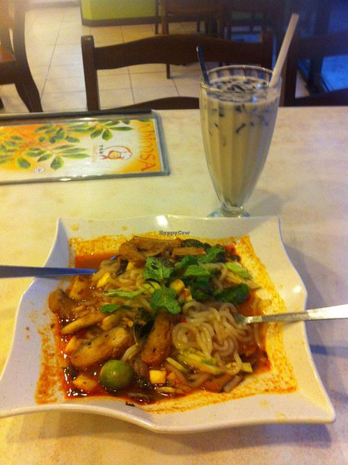 Vagan Curry Laksa and soy milk drink with jelly. at Cameleon Vegetarian Bean Curd in Kuala Lumpur