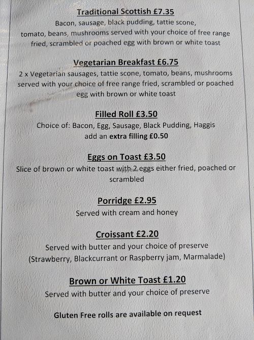 Breakfast menu at Ardnamurchan Natural History Visitor Centre in Acharacle