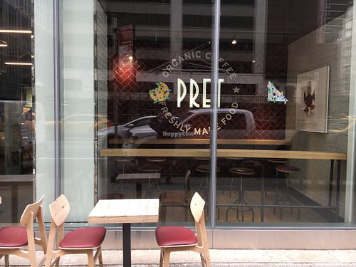 Outdoor seating, and window view of indoor seating at Pret A Manger - Park Ave in New York City