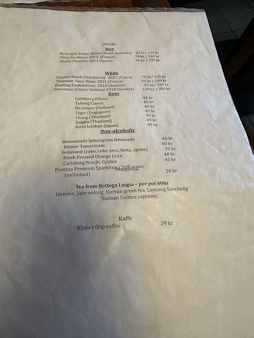 Drinks menu  at Khmer Cuisine in Copenhagen