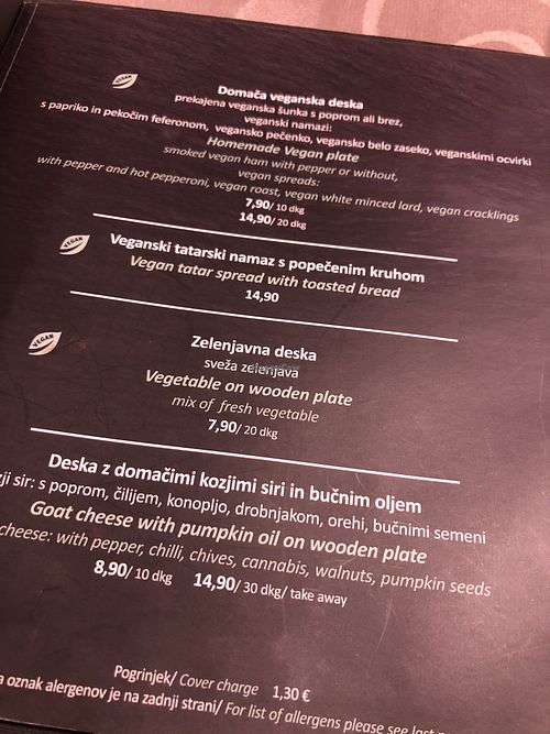 starters menu at Güjžina - Green One Bistro in Ljubljana