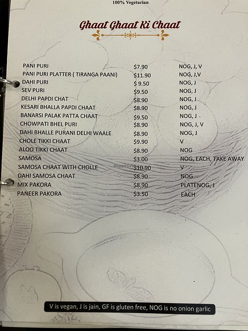 Dishes marked V are listed as vegan. I was advised by serving staff we should still specifically request vegan when ordering so kitchen staff don’t add ghee.  at Taj Indian Sweets in Harris Park