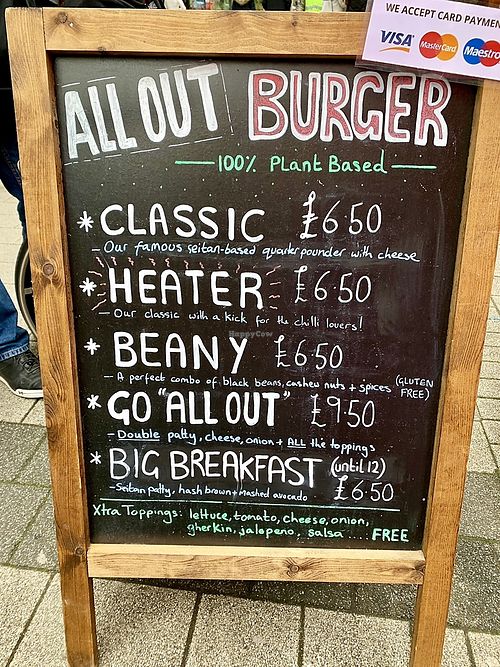Vegan burger menu  at Walton Vegan Market in Walton On Thames