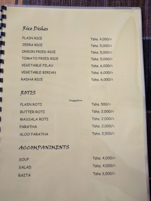 menu, page 5 at Krishna Vegetarian Restaurant in Zanzibar