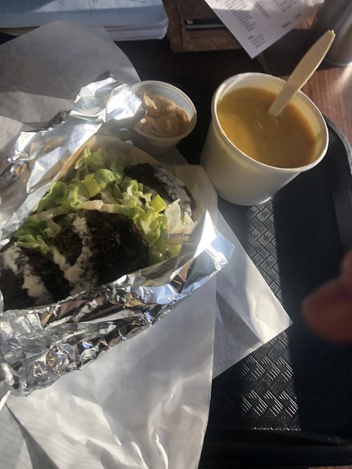 Falafel pita wrap and lentil soup with a side of hummus at Jaffa Cafe in Santa Maria