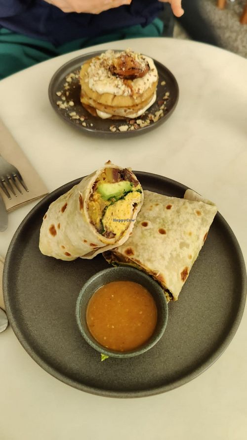 Pancakes and breakfast burrito at Comoba in Lisbon