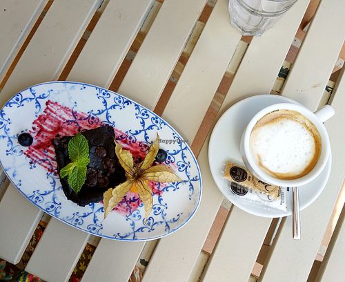 Delicious vegan brownie and soy latte. at Sa Garrofa in Begur