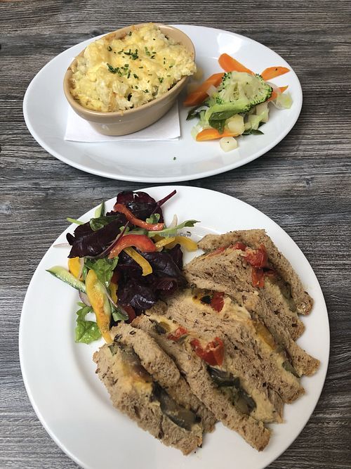 Vegetarian lentil and veggie pie and hummus and roasted veg sandwich  at Browns Kitchen in Sidmouth