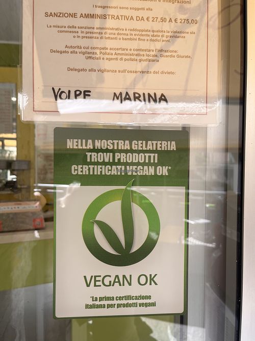 Unusual vegan certification posted on front of store!  at Sagapo Gelateria in Spotorno