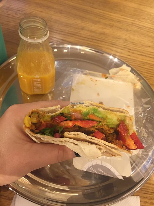 Avo, falafel, and chipotle wrap with mango smoothie  at Pret A Manger - North Bridge in Edinburgh