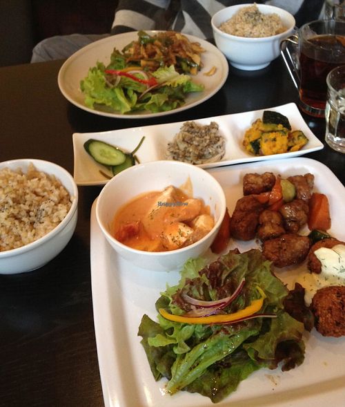 Nagi Shokudo lunch plates (background = cheaper lunch plate with set menu, foreground = more expensive deli plate with 3 choices from the menu) at Nagi Shokudo in Kamakura