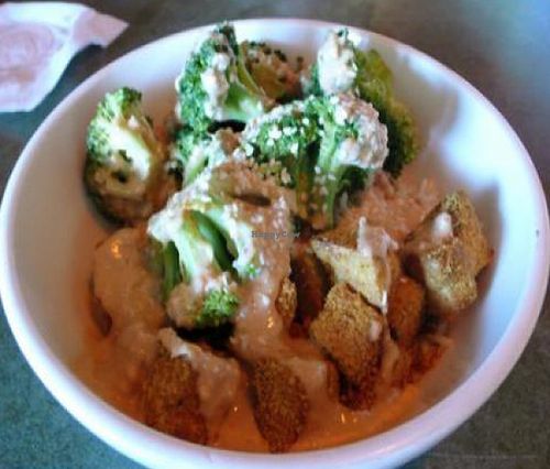 eastern bowl: spicy asian tofu, brown rice, and broccoli served with peanut sauce at The Bye and Bye in Portland
