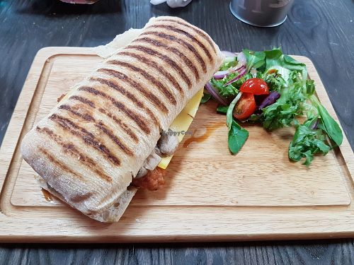 Vegan sausage melt with cheese, mushrooms and caramelised onions  at The Little Kitchen in Boston