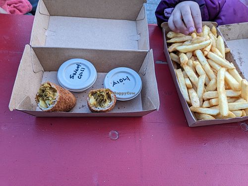 Curry egg roll and french fries. at Lord of the Fries in Queenstown