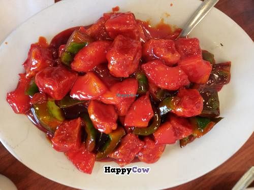 Sweet and sour chicken balls with pineapples and green peppers at The Buddhist Vegetarian Kitchen in Scarborough