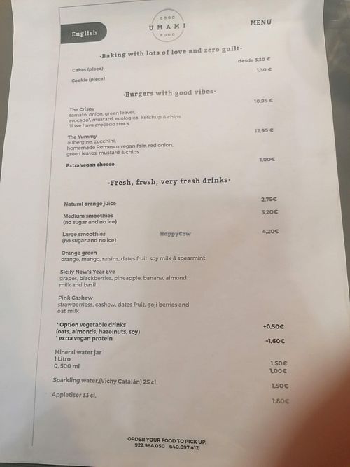 Menu at Umami Good Food in Tenerife