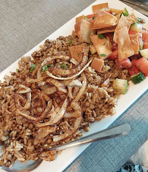 Moujadara, asked for the appetizer but got the $18 fullsize. Huge! at Aladdin in Reading