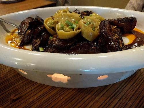 Eggplant with pea-filled dumplings at Fang Restaurant in San Francisco