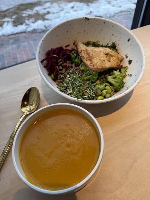 Quinoa bowl carrot soup   at LB Kitchen in Portland