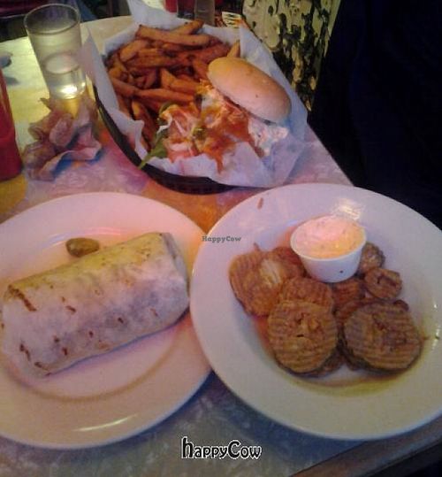 Vegan Hashpipe Burrito: veggie burger, tofu, veggies, cheddar, bbq. vegan fried pickles. non-vegan: Gut Bomb: hamburger, cheddar, veggies & hot sauce at Silly's Restaurant in Portland