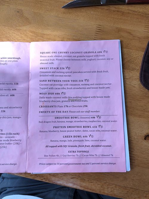 Menu  at Square One in Sanur