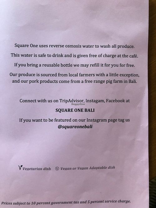 Menu at Square One in Sanur