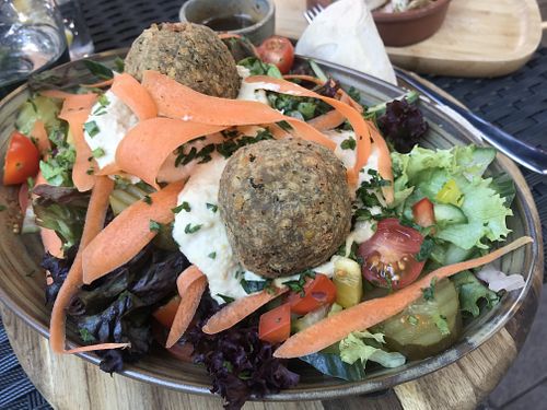 Falafel, hummus, carrot and apricot salad at The Quarter in Stoke On Trent